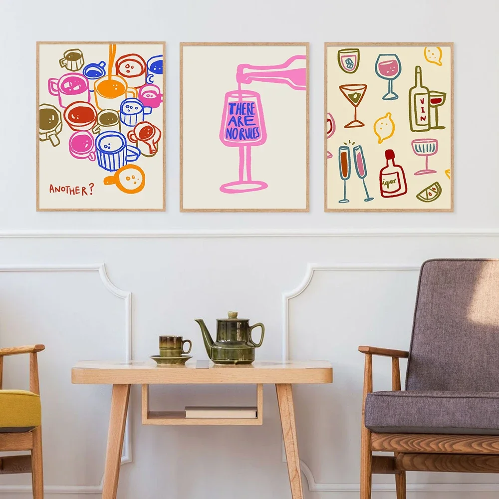 Coffee Wall Art Poster Drink Glasses Print  There Are No Rules Wine Quote Canvas Painting, Wall Pictures for Kitchen, Cafe Decor