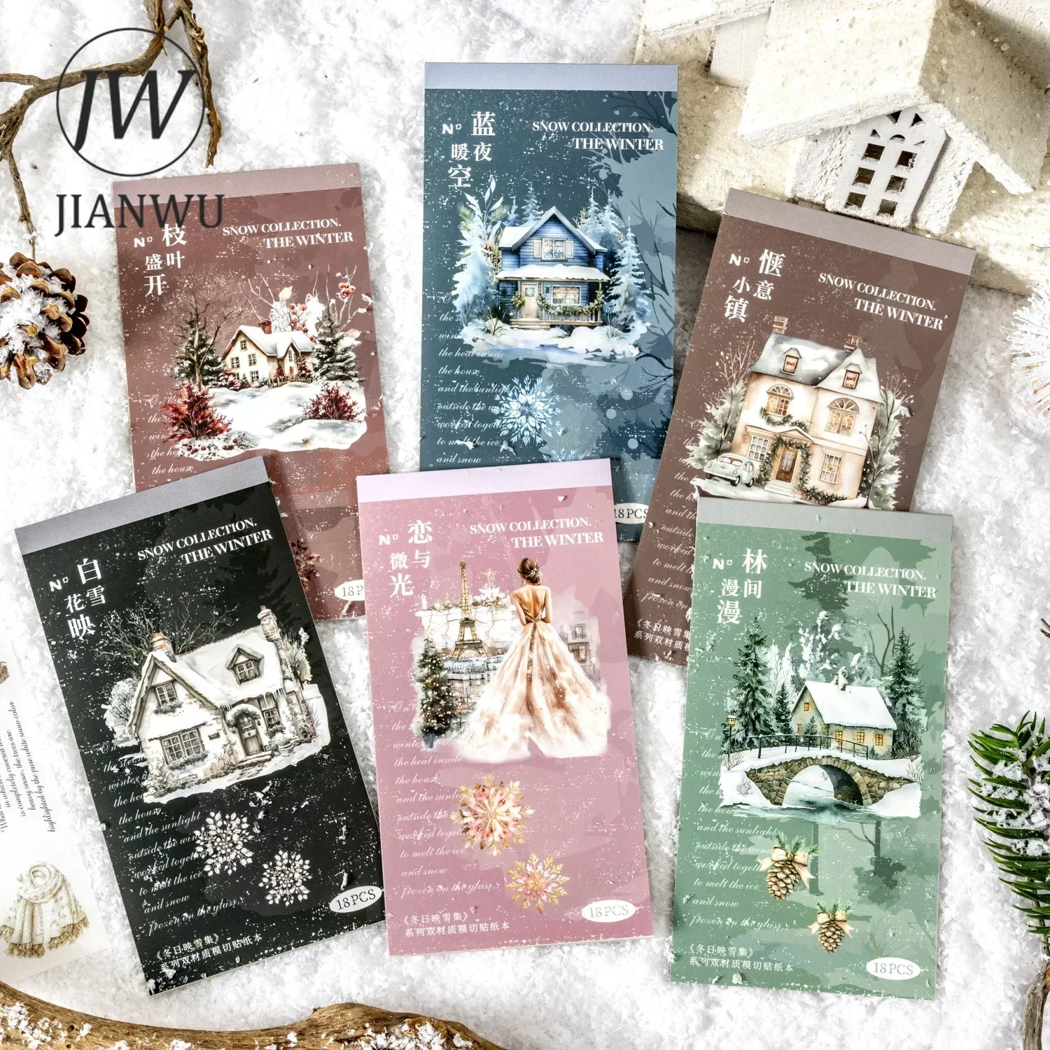 JIANWU Winter Snow Collection Series Vintage Plant Flower Landscaping Material Collage Sticker Book Creative Journal Stationery