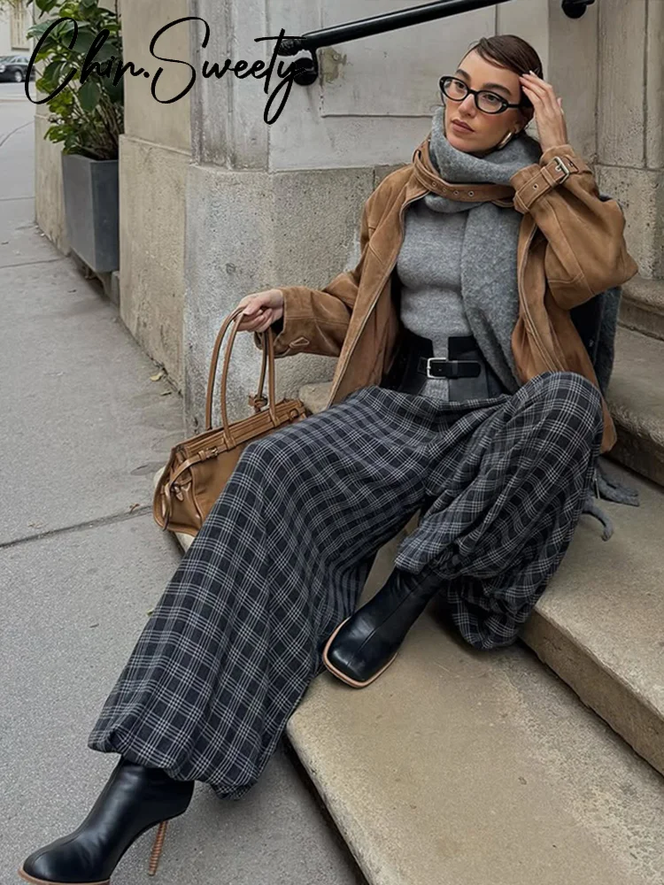 カジュアルチェック柄プリントパンツ女性エレガントなプリーツチェック柄弾性ウエストズボン女性 2026 春夏シックな婦人服