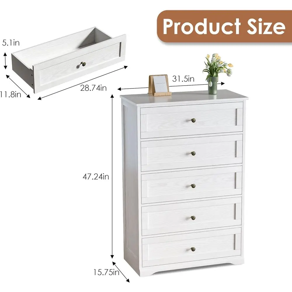5 Der Drer, 47" Tall Drers or Bedroom with Anti-Tip Device, White Drer with White Countertop armhouse Storage Closet with Handle view 2