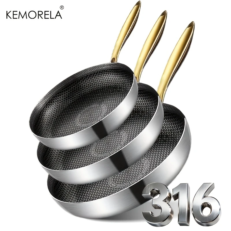 KEMORELA 3PCS 316 Stainless Steel Non-stick Honeycomb Frying Pan Set Multiple Sizes Kitchenware for Pan-Frying Steaks And Eggs