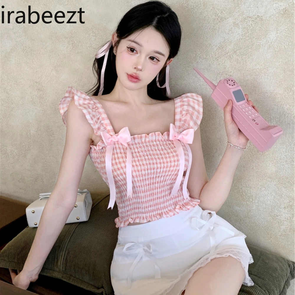 Summer Sweet Bow Girl Pink Plaid Lotus Short Sleeve Vest Stretch Slim Top Slim Fit  Blusa Feminina Plaid Casual Blouse Women