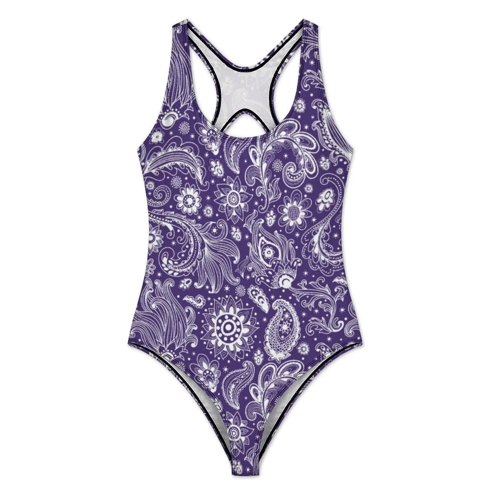 Floral Paisley Swimsuit Sexy Blue Boho Style Women Swimwear One-Piece Fashion Bodysuit Vacation Push Up Cut Out Bathing Suit