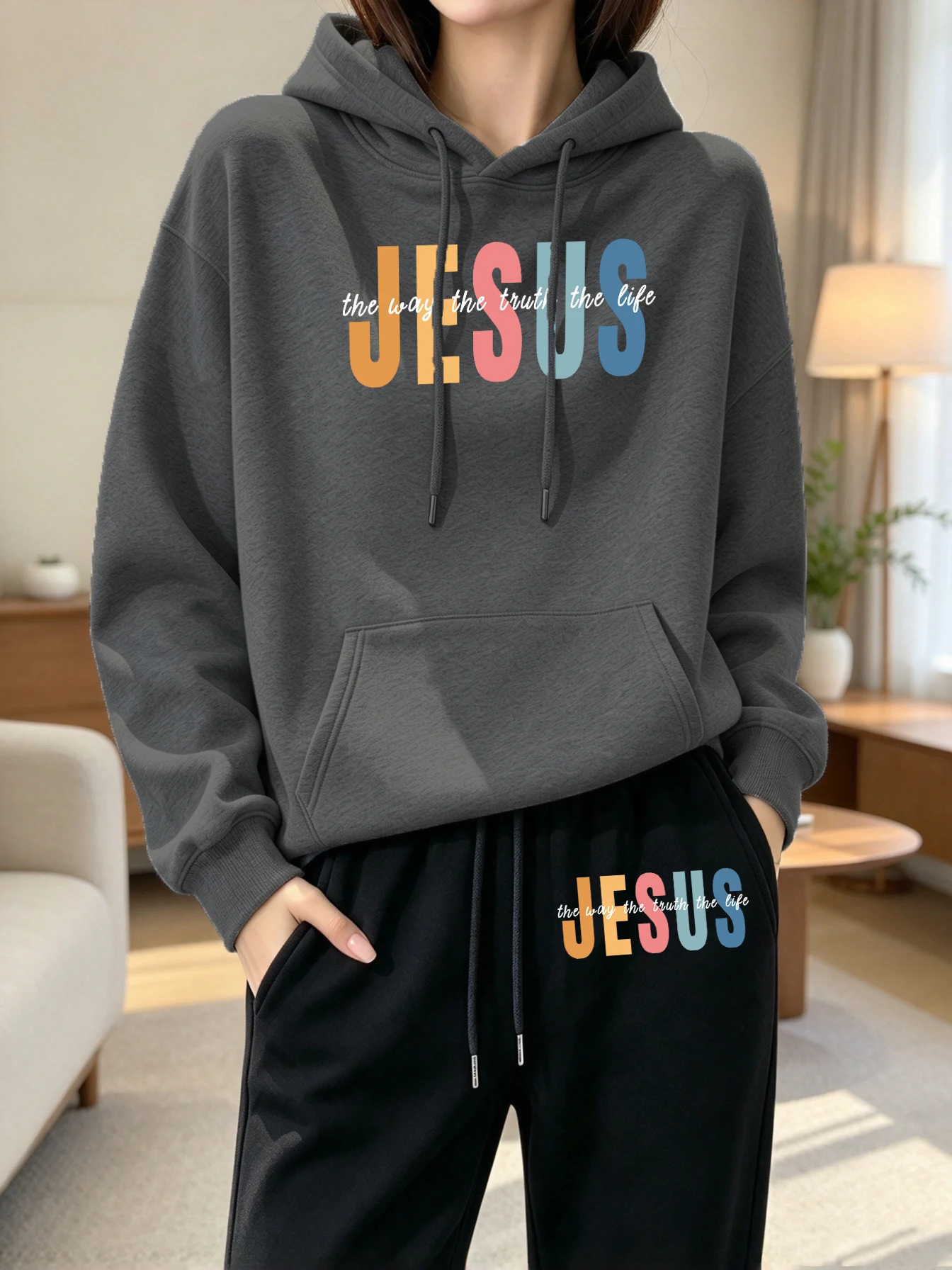 Jesus Color Letter Creative Printed Y2K Women'S Hoodies Set Loose Pullover Pocket Casual Sportswear Fleece Autumn Sweatpant view 3