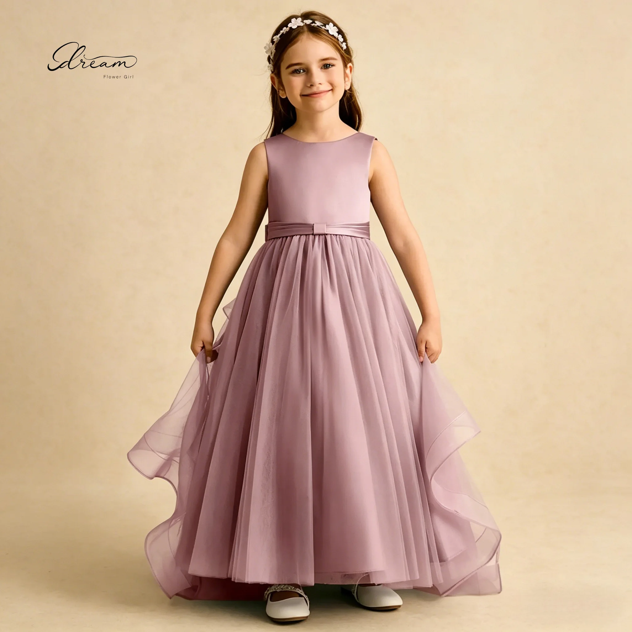 

Dusty Pink Satin Lace Flower Girl Dress Ruffled Back Floor Length Kids Wedding Pageant Gown Bow A-line Formal Dress Brithday