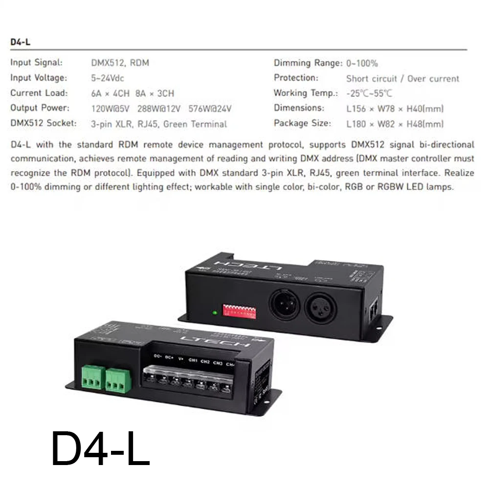 LTECH Constant Voltage DMX/RDM Decoder D4-F 4Channel/ D3-F 3Channel D3-L D4-L 12/24V for Single Color RGB RGBW LED Strip /Module