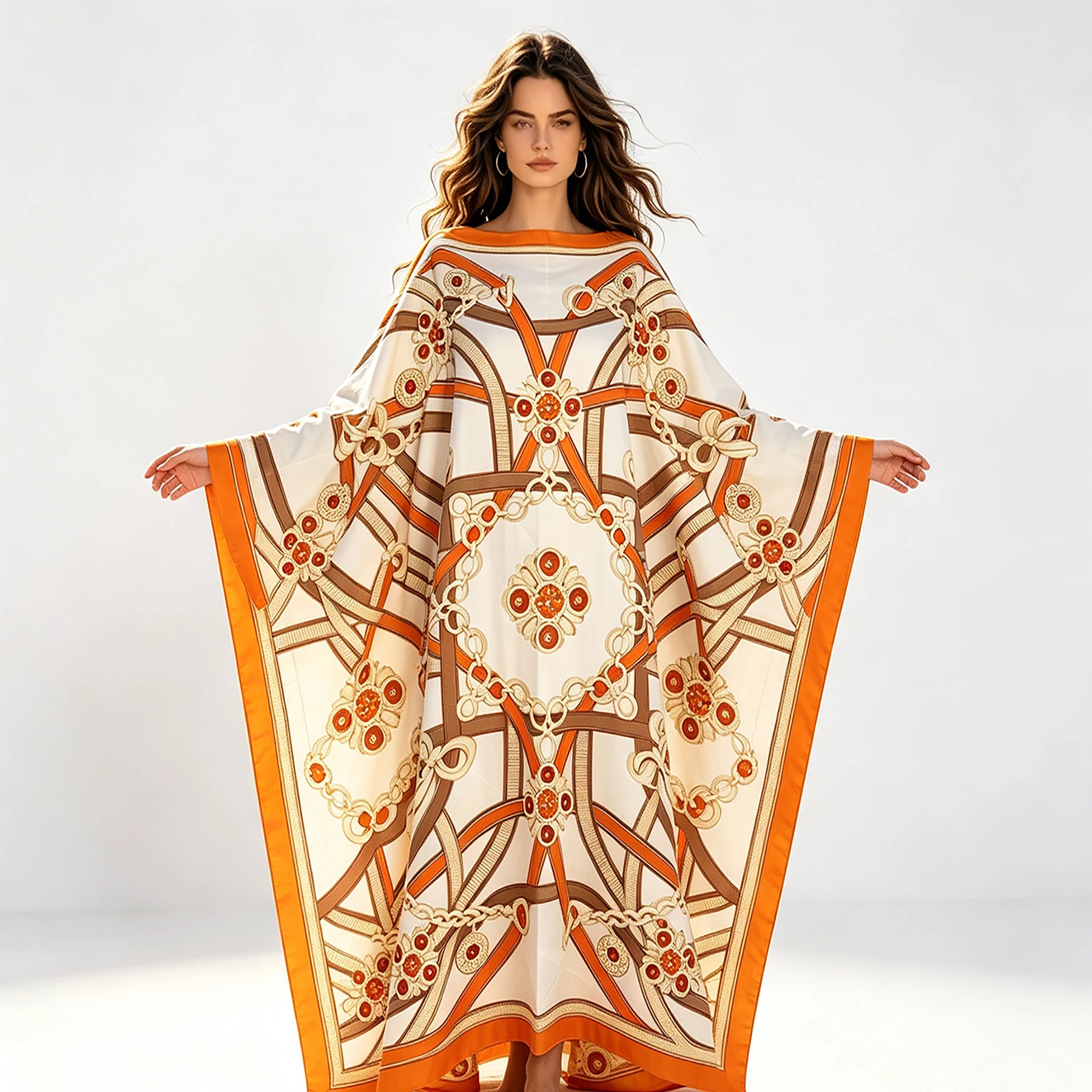 Middle East Fashion Geometric Printed Loose Kaftan Dress Beach Vacation Plus Size Boho Sexy Lady Comfortable Abaya Muslim Caftan