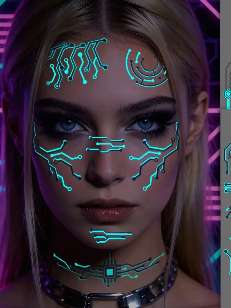 2 Bögen Große Leuchtende Cyberpunk Mechanische Temporäre Tattoos Sci-Fi Roboter Linien Wasserdichte Aufkleber für Cosplay-Party