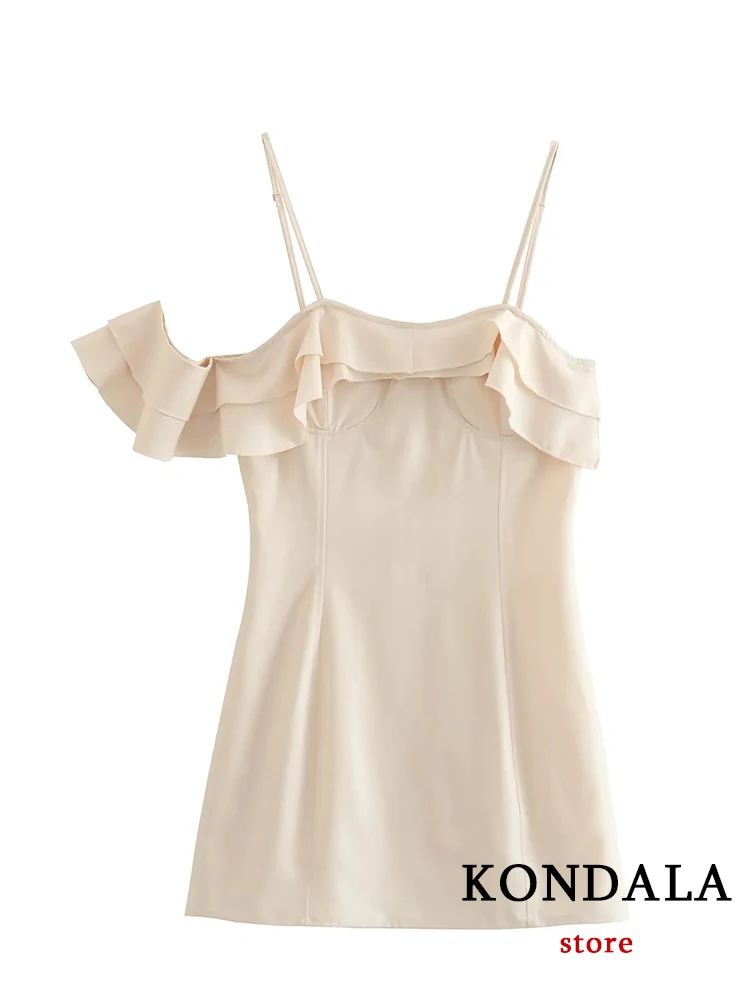 KONDALA New Chic Solid Beige Asymmetrical Women Cami Mini Dress Fashion 2023 Summer Flounced Edge Elegant Luxury Sheath Vestido