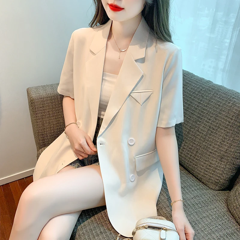 

Korean Fashion Solid Notched Double Breasted Blazers Women Summer Short Sleeve Casual Loose Clothes Office Lady Workwear Tops