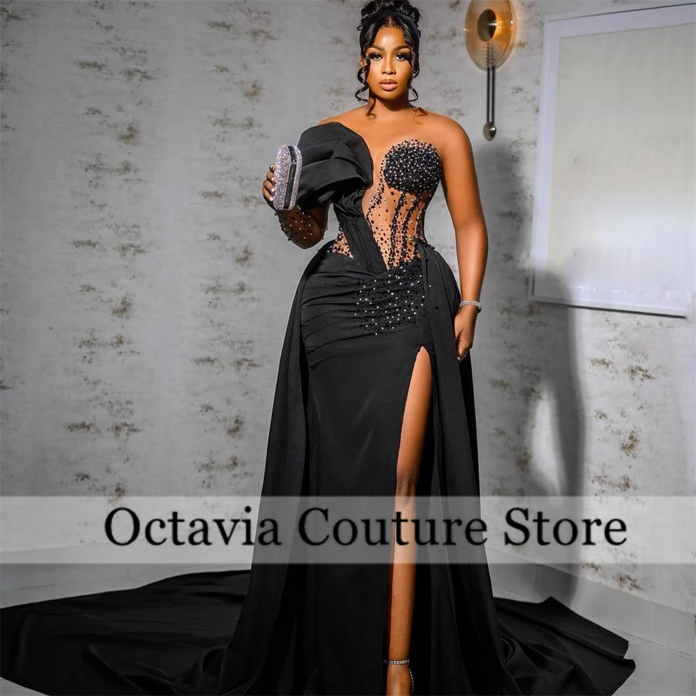 Black Bead Crystal Evening Dresses Rhinestone Birthday Dress Woman Sexy O N Full Sleeve Split Special Occasion Gown Customized