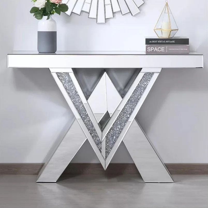 bc-Luxury Silver V-Shape Mirrored Console Table Crushed Diamond Insert Modern Design Hallway Entry Hotel Apartment Living Room·