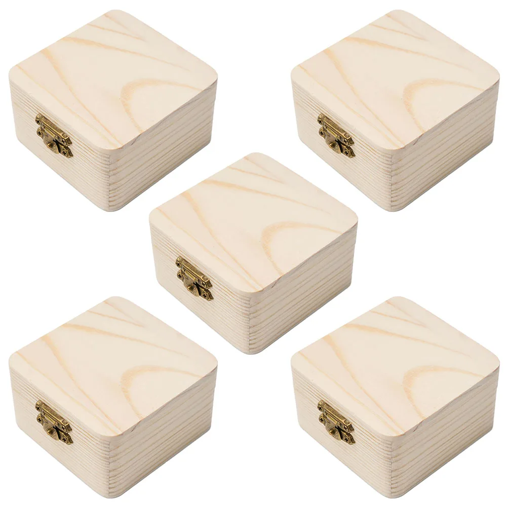 5Pcs DIY Handmade Painting Wooden Jewelry Box Plain Natural Buckle Flip Square Storage Box Gifts Box Home Sundries Storage Case