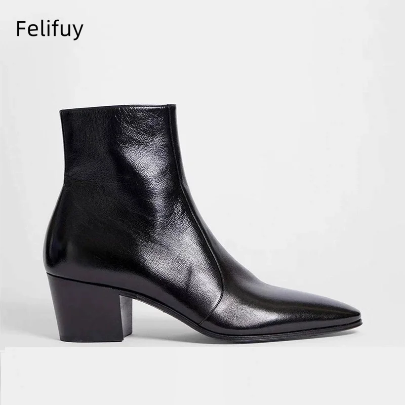 

New Black 6cm High Heels Autumn Men Ankle Boots Party Wedding Genuine Leather Italian Dress Shoes Pointed Toe Cowboy Boots