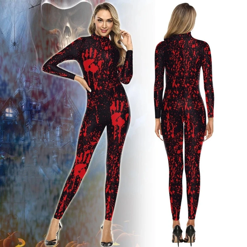 

Red & Black Blood Splatter Bodysuit - Gothic Print & Form-Fitting Design, Spooky Halloween Outfit for Themed Parties & Events