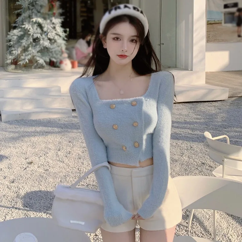 Short Style Double Breasted Mink Elegant Sweater Long Sleeve Korean Sweater Square Neck Sweet and Fashion Cardigan Tops