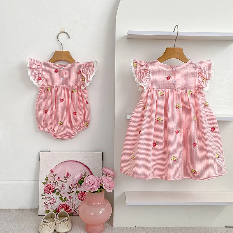2026 Sommer 0-24M Baby Mädchen Flügelärmel Baumwolle Stickerei Baby Body 2-6 Jahre Süße Partykleider Schwesterkleidung – Detail 16
