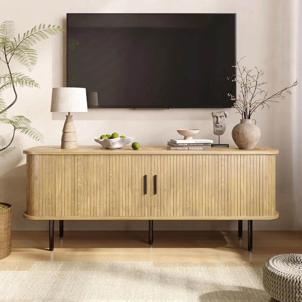

55 inch natural TV cabinet, which can store up to 60 inch TV, flute TV entertainment center with Flat noodles tambourine door