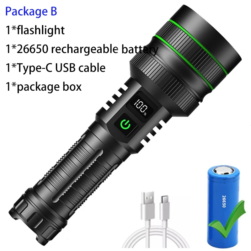Heldere spotlight LED-zaklamp met groot bereik Type-C Opladen Sterk licht Lamp Tactische zaklamp Waterdichte zoom buitenlantaarn