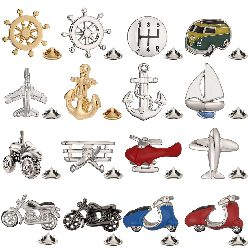 Fashionable bicycles motorcycles boats anchors airplanes  brooches men's wedding suits lapels badges hats scarves and pins