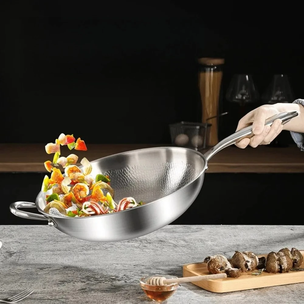 Pure Titanium Wok No Coating Non Stick Frying Pan Fish Scale Hammered Pattern For Healthy Home Cooking Skillet