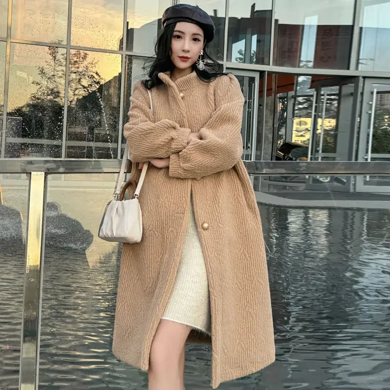 Women Faux Lamb Wool Coat High-End Female Graceful Stand Collar Imitation Fur Outwear Monochromatic Casual Warm Winter Overwear