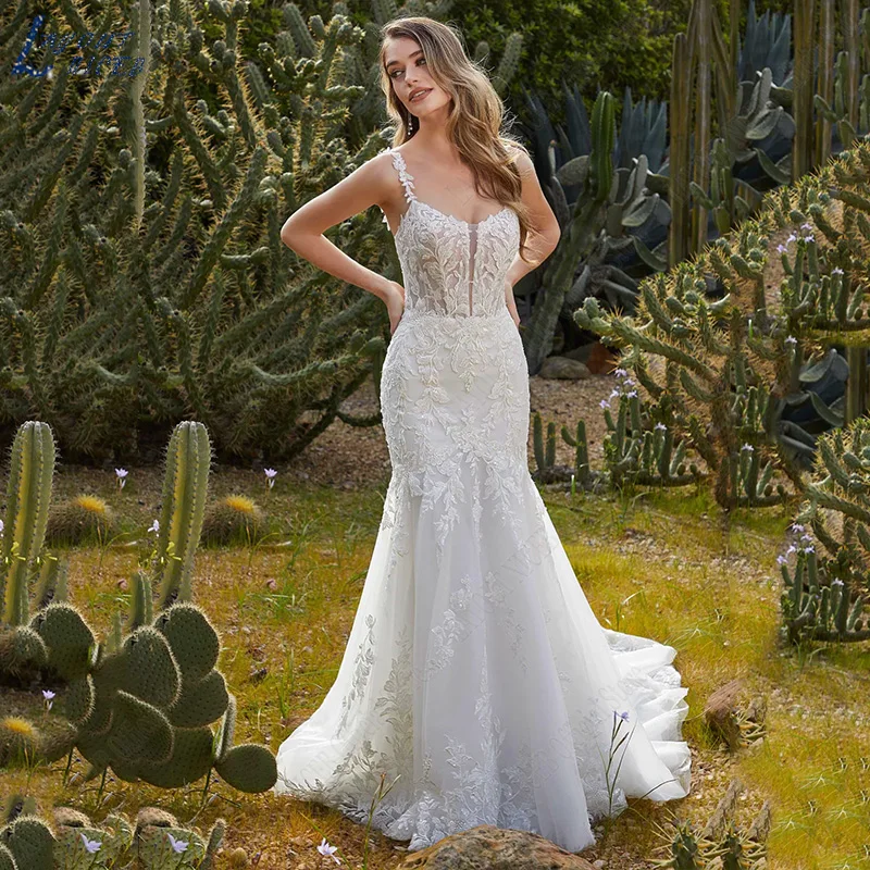 NICEB-Vestido De novia De lujo, traje De novia De encaje De sirena, sin mangas, apliques De tirantes finos, diseño Vestido De Novia De Lujo Sirena  Vestido De Novia De Encaje Sin Mangas Aplique  Spaghetti Straps Vestid