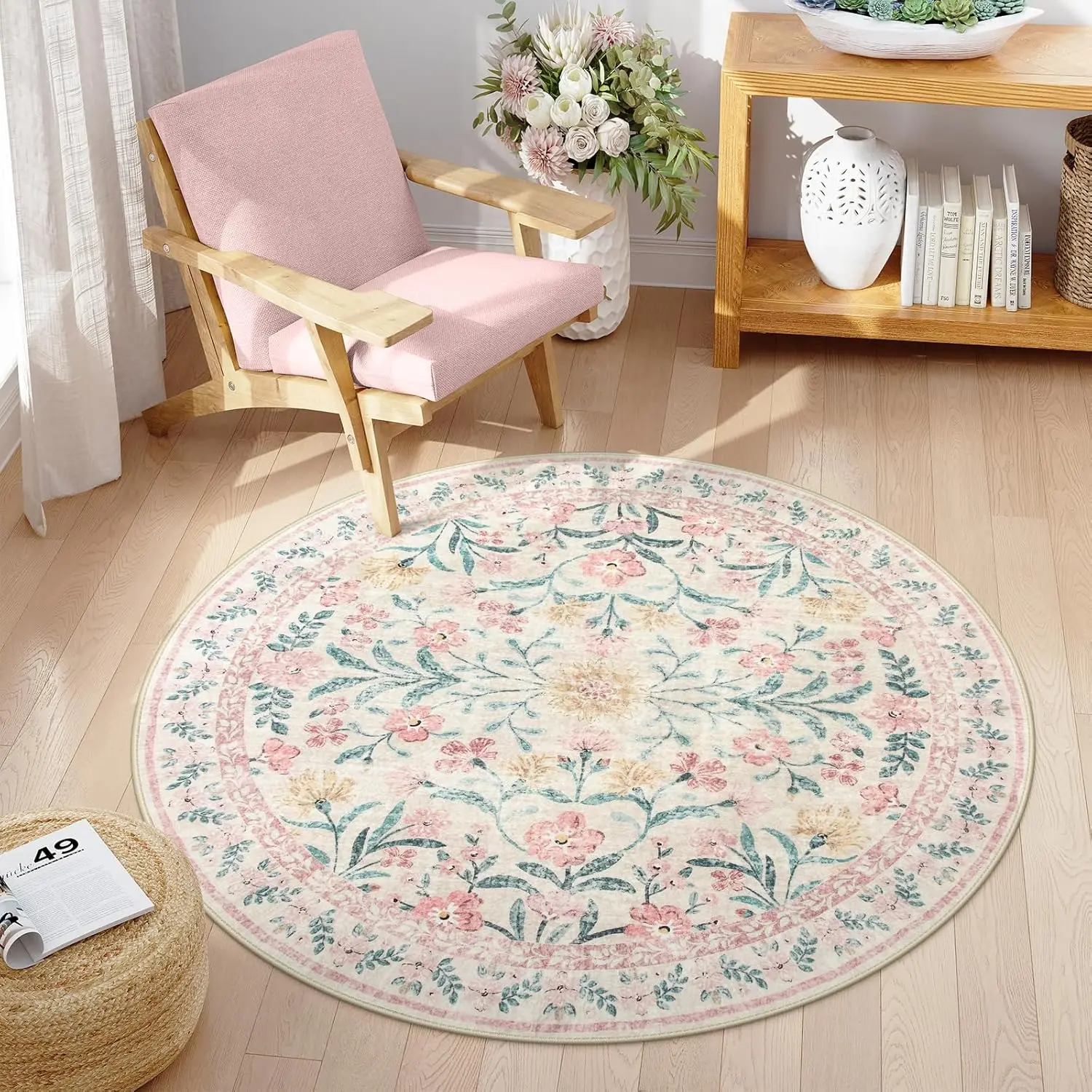 Floral Round Rug – Soft, Non-Slip & Washable Circle Carpet with Distressed Art Design for Living Room or Bedroom