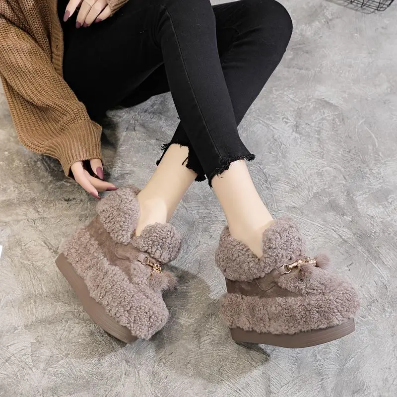 Fujin 12.5cm Synthetic Platform Wedge Fur Autumn Winter Plush Warm Ankle Boots Super High Elegant Fashion Ladies Luxury Shoes