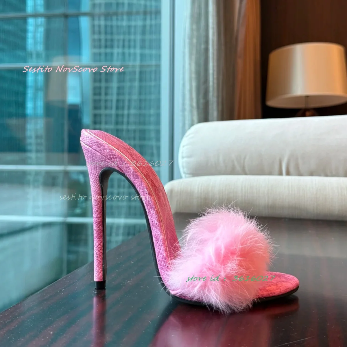 

Round Open Toe Pink Furry Mules Serpentine Leather Slip On Stiletto 12Cm High Heels Sandals Sewing Summer Sexy Women Dress Shoe