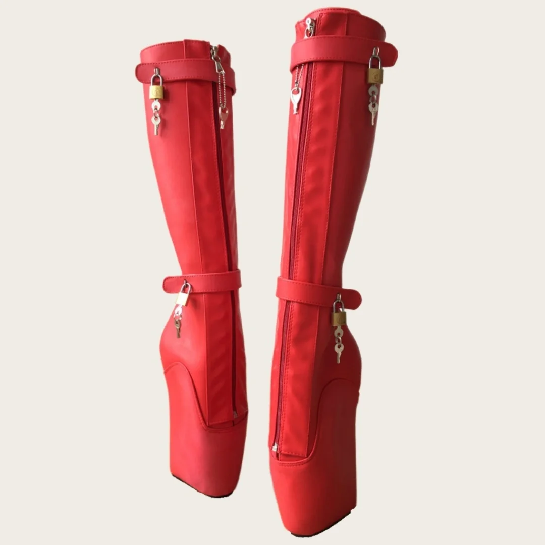 Women's Red Faux Leather Ballet Heel Boots Lace-Up Front Lock Detail Knee-High Design Bold Edgy Style for Costume Parties Outfit