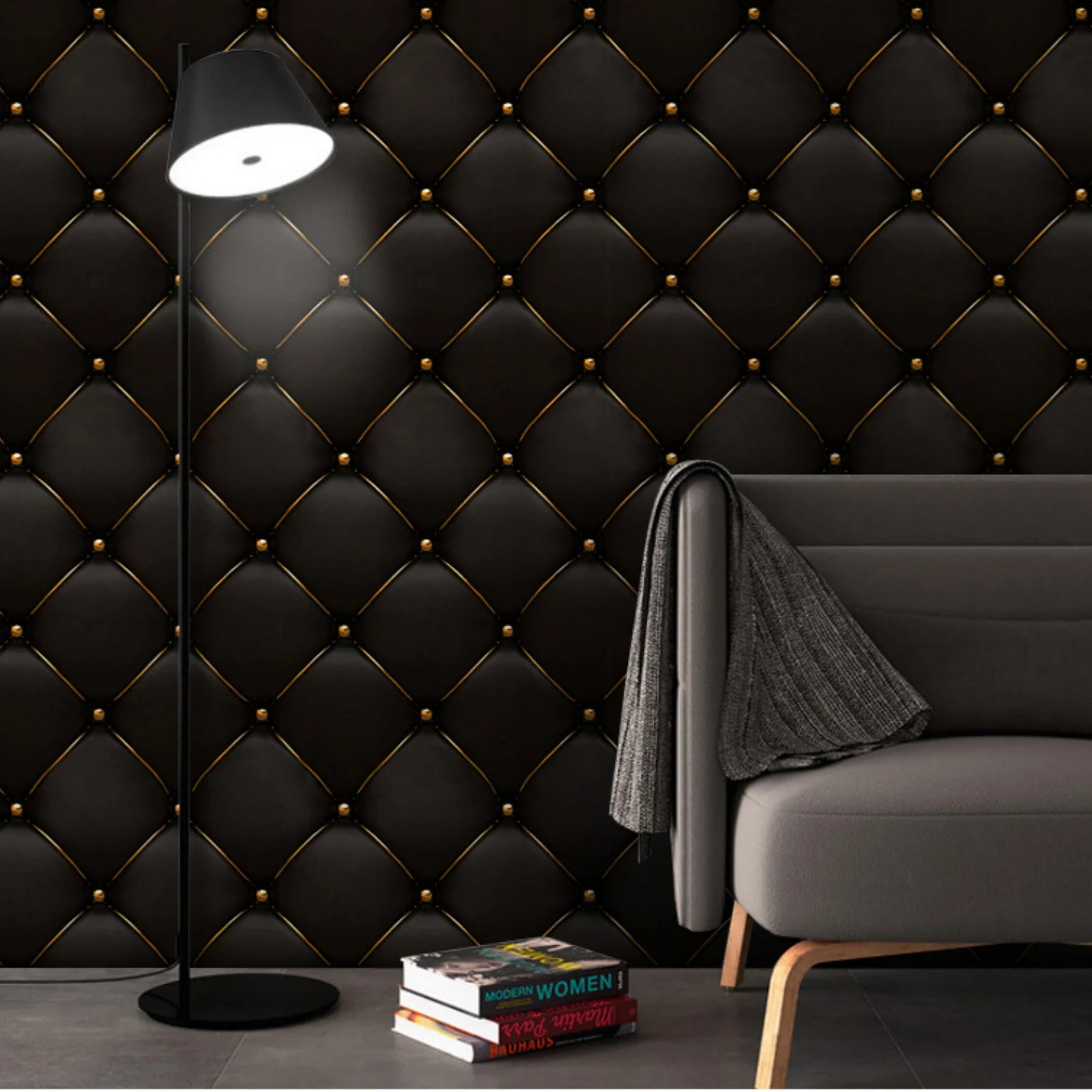 European Luxury 3D Faux Leather Wallpaper Self Adhesive Waterproof Living Room Tv Decoration Wallcoverings Wall Sticker Black