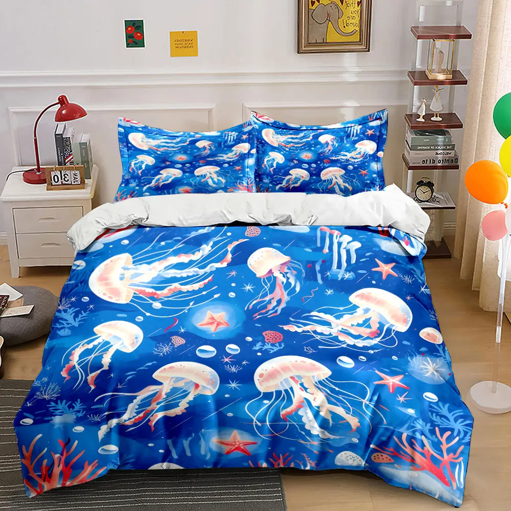 

Jellyfish and Coral Ocean World Printed Duvet Cover Set 1 Duvet Cover+2 Pillowcase Multi Size Bedroom Bedding Decor