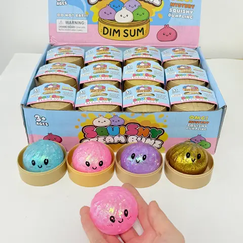 Glitter Dumpling Squishy with Box Dumplings Sensory Steamer Soft TPR Dough Ball for Decompression Fidget Toy Stress Relief Gift