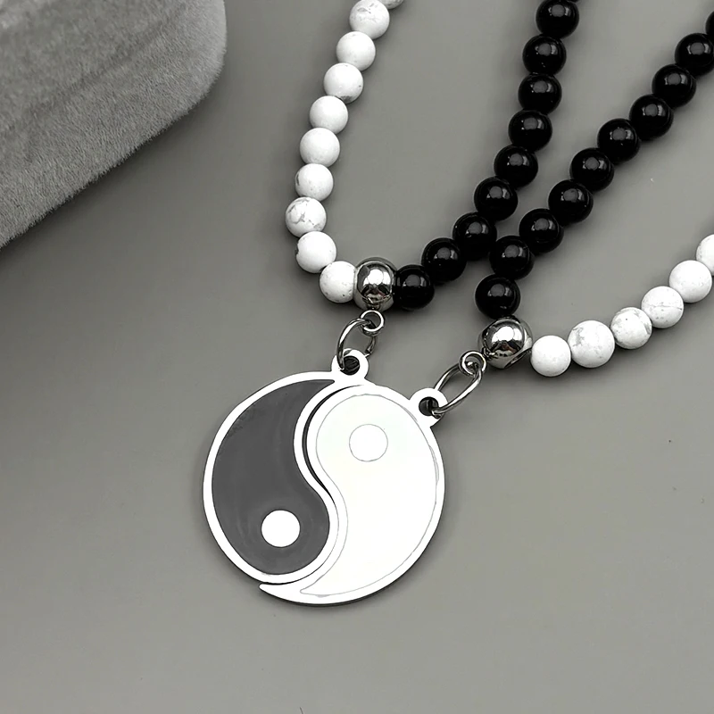 تاي تشي يين يانغ زوجين سلسلة للنساء الرجال الفولاذ المقاوم للصدأ أبيض أسود الخرز الصينية الفن الإيمان قلادة القلائد مجوهرات هدية #2