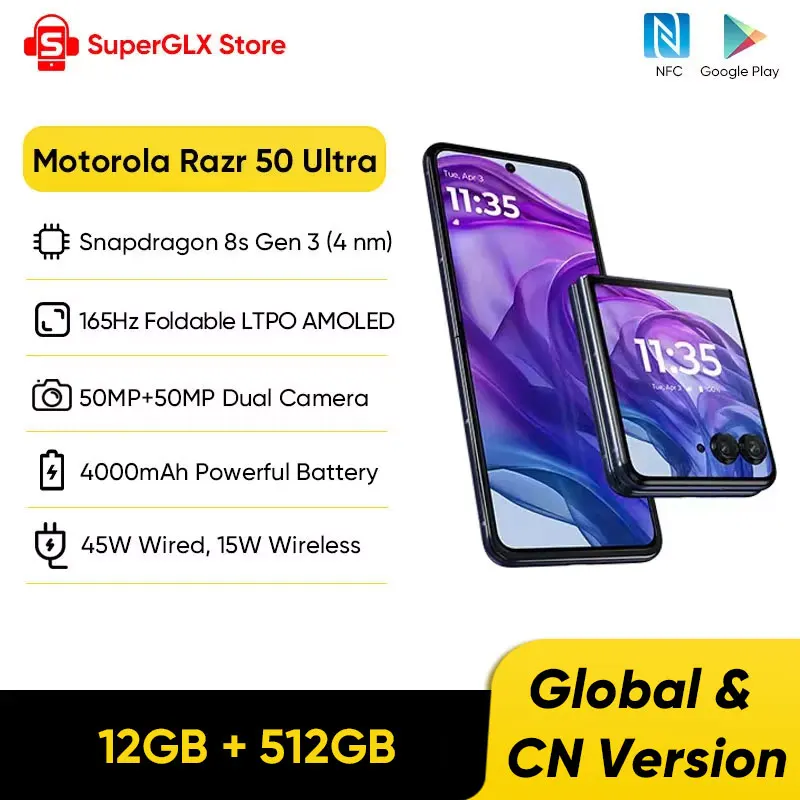 100% Original Global Rom Motorola Moto Razr 50 Ultra 5G Snapdragon 8s Gen 3 165Hz Foldable LTPO AMOLED Display 50MP Smartphone