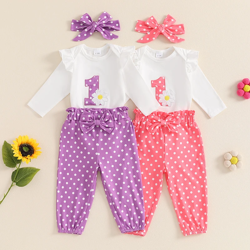 

2024-06-13 Lioraitiin Baby Girl 1st Birthday Outfit Floral Embroidery Long Sleeve Romper with Dot Pattern Pants and Headband Set