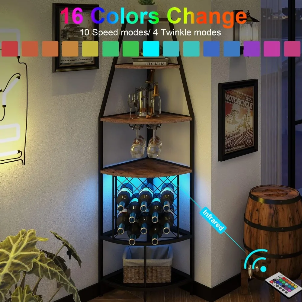 Rack de vinho de canto de 5 camadas com luz LED Rack de vinho de chão com suporte de vidro e garrafas de armazenamento de vinho Móveis de bar para casa fo