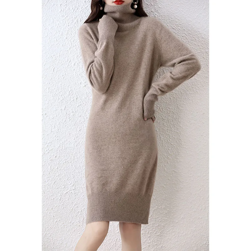 Elegant Cashmere Sweater Womens Dresses 100% Merino Wool Autumn Winter Turtleneck Vintage Dress Female Long Sleeve Knitted Skirt