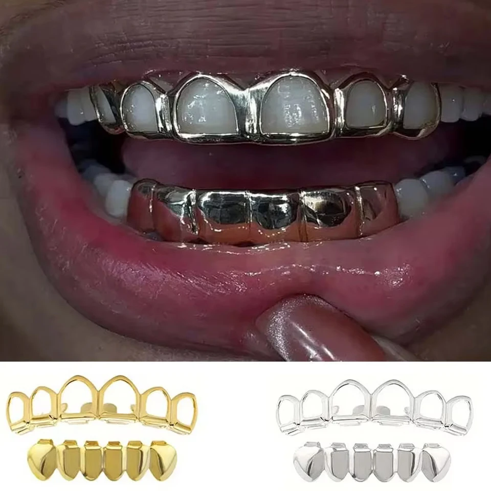 Yupsk A Set Of Fashion Six-Tooth Hollowed-Out/Smooth Lower Teeth Hip-Hop Tooth Ornaments Stage Props Festival Gifts