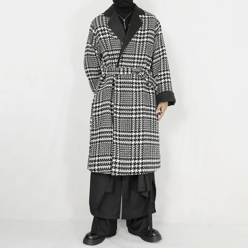 Winter new woolen coat, men's long coat, oversized silhouette, black and white plaid loose woolen coat