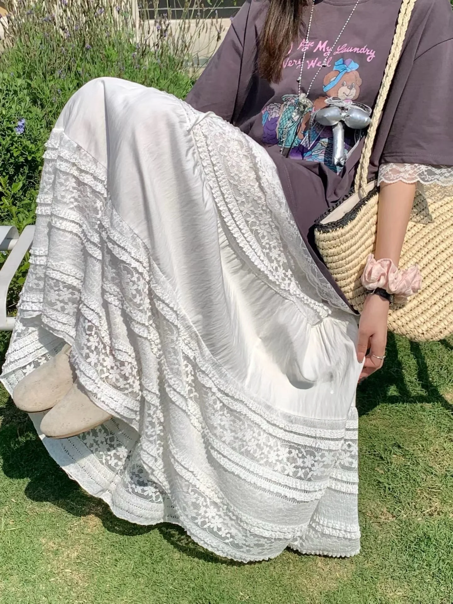 

plus Size Lace Half Skirt with Large Hem 45 Meters Long Cute Long Dress for Plump Women Spring New Style Weight up to 200 Pounds