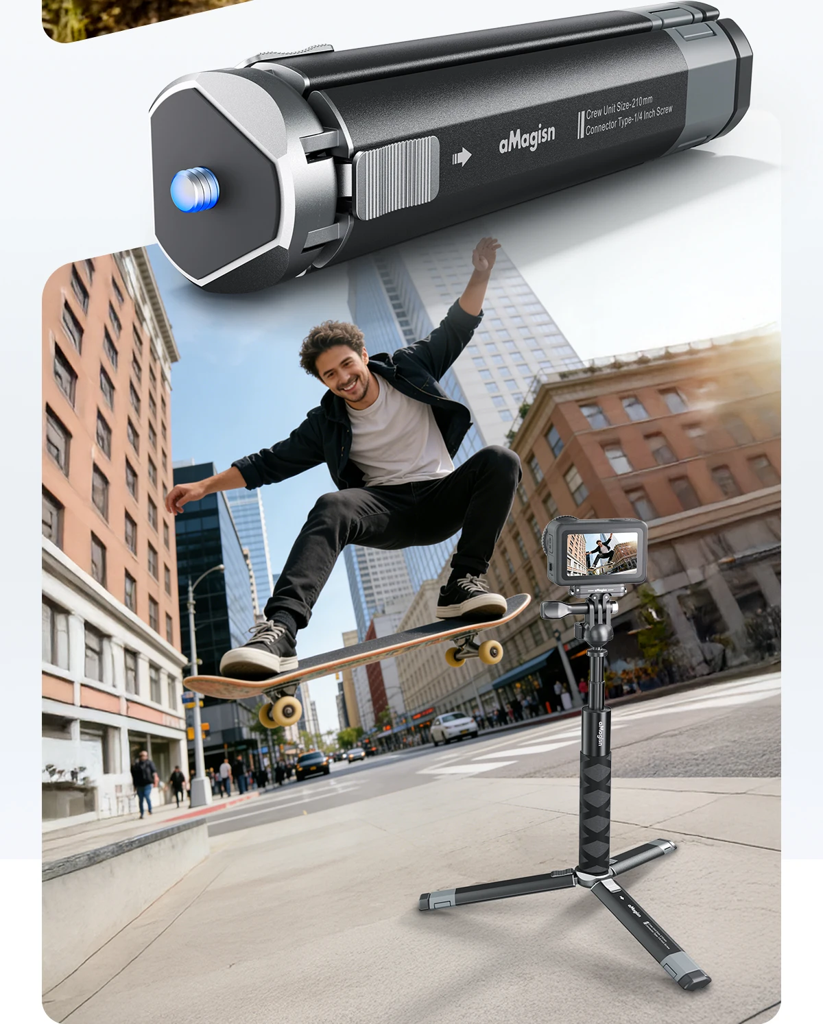 aMagisn Metall-Mini-Stativ für GoPro DJI Insta360 Action-Kameras, 2-stufig verstellbarer Winkel & einziehbare Beine – Detail 10
