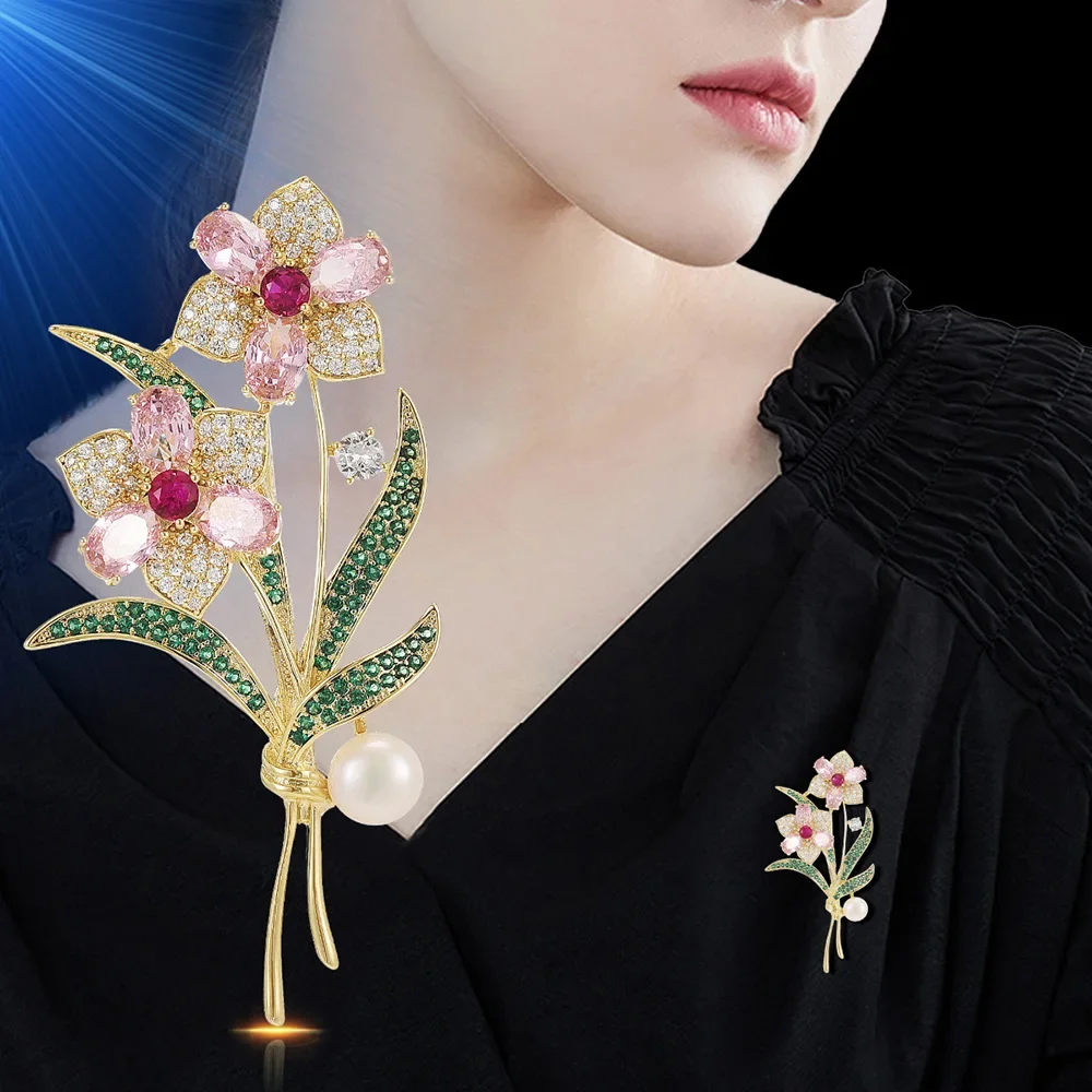 Luxury Brooch for Women Pearl Crystal Zircon Flower Bouquet Brooches Clothing Decoration Jewelry Copper Plant Accessories