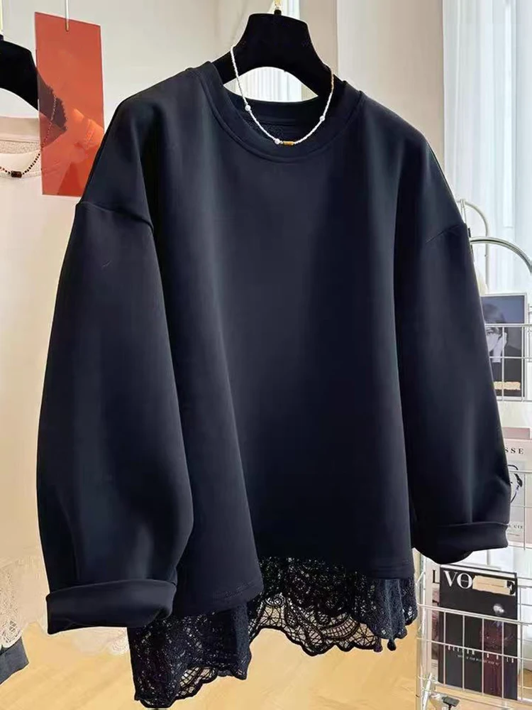 

Кружевной лоскутный свитшот с круглым вырезом, осенний свободный ленивый стиль, женский искусственный пуловер из 2 предметов Y2K, американская уличная толстовка с разрезом сзади