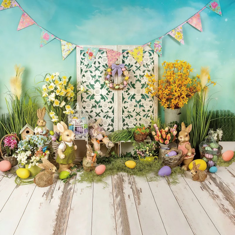 Fondo de Pascua de primavera para fotografía conejito huevos flor Baby Shower fiesta de cumpleaños fondo de fotografía Interior