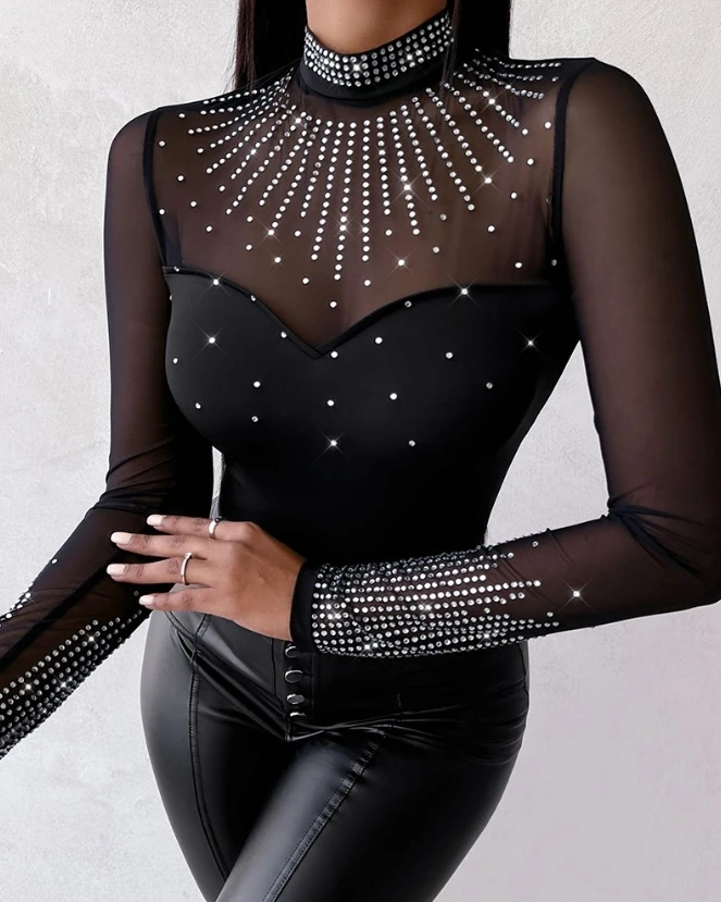 2024 Summer Fashion New Bodysuit Rhinestone Decor Sheer Mesh Patch Bodysuit Slim Fit and Sexy Buttocks Bodysuit dla kobiet