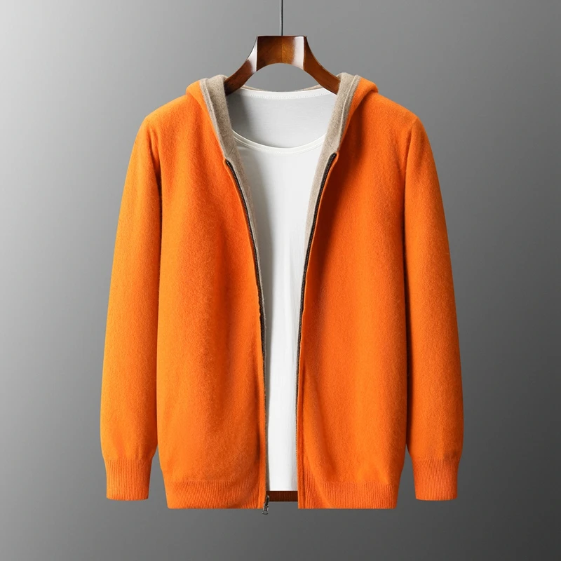 2026 Men's Cashmere Sweater Hooded Zipper Cardigan Two-side Wear Autumn Winter Thick Knit Large-size Jacket Long Sleeve Coat