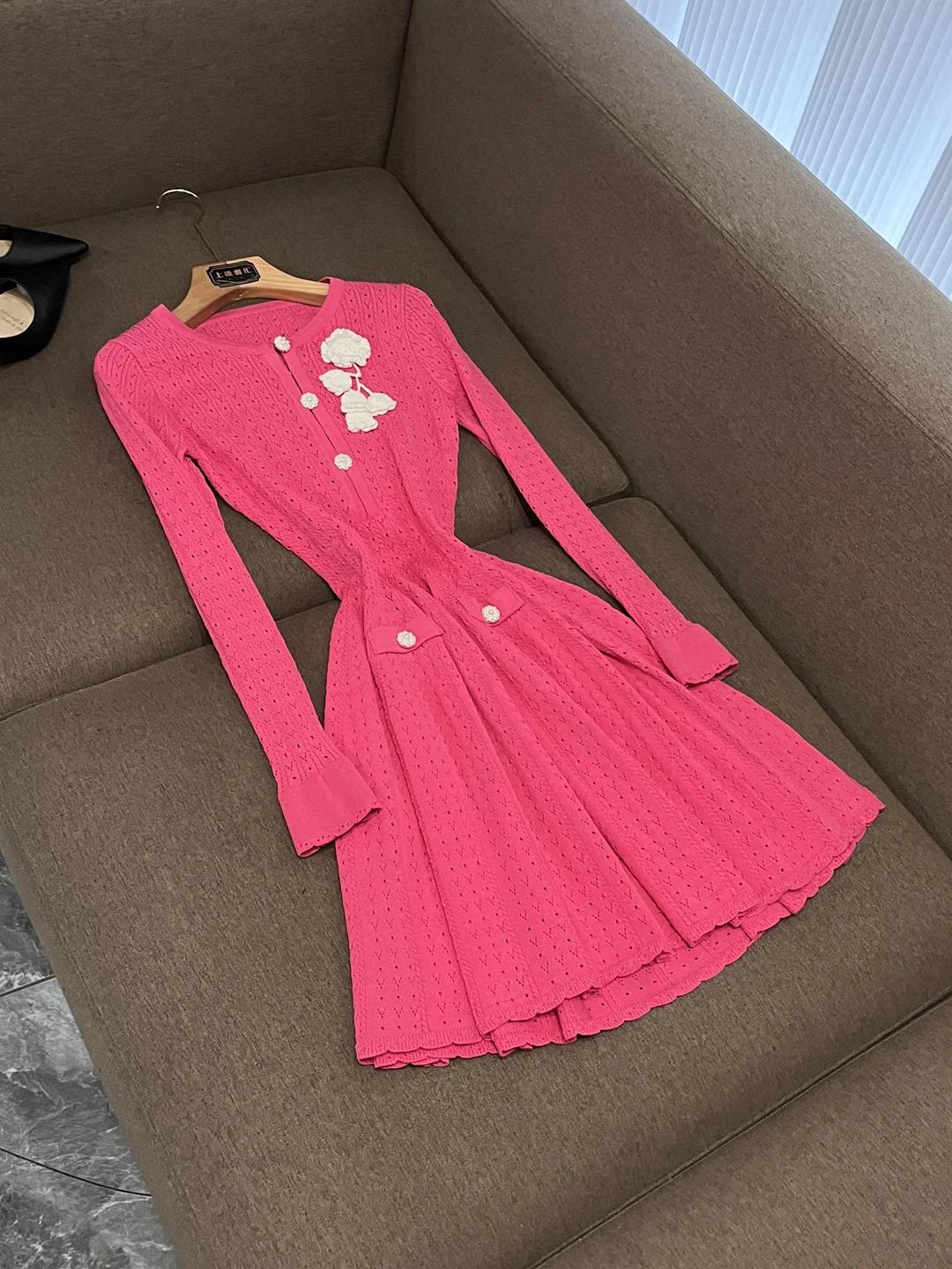 

Slimming Knitted round Ne Dr Women's Faionable Winter New Sle Ci Commute High Waist A-Line Skirt Long Sve D26