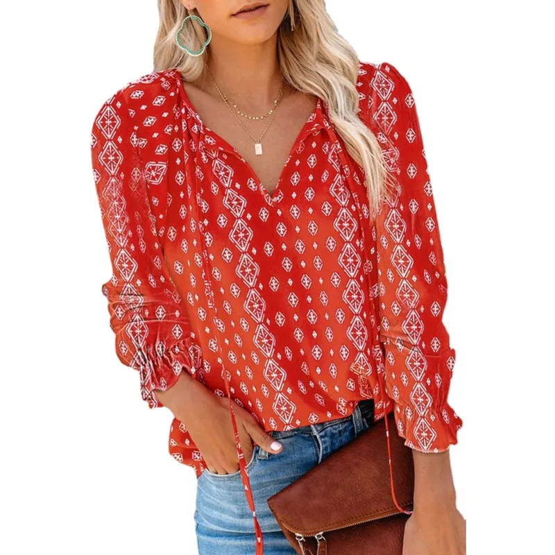 Fashion Flower Print V Neck Lace Up For Women Elegant Blouses Casual Streetwear Loose Shirts Long Sleeve Office Lady Tops Autumn